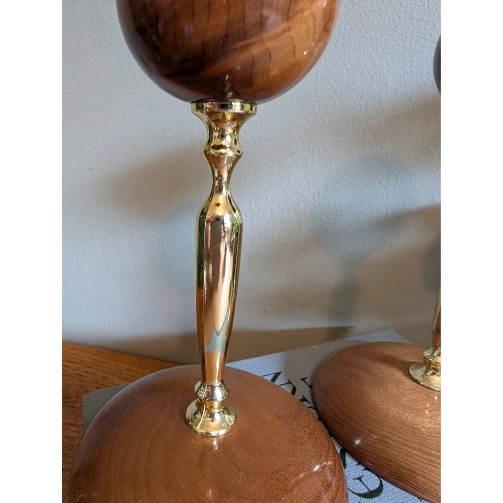 Vintage Myrtlewood Candlestick Pair Bandon Oregon Wood Gold Mid Century Modern
